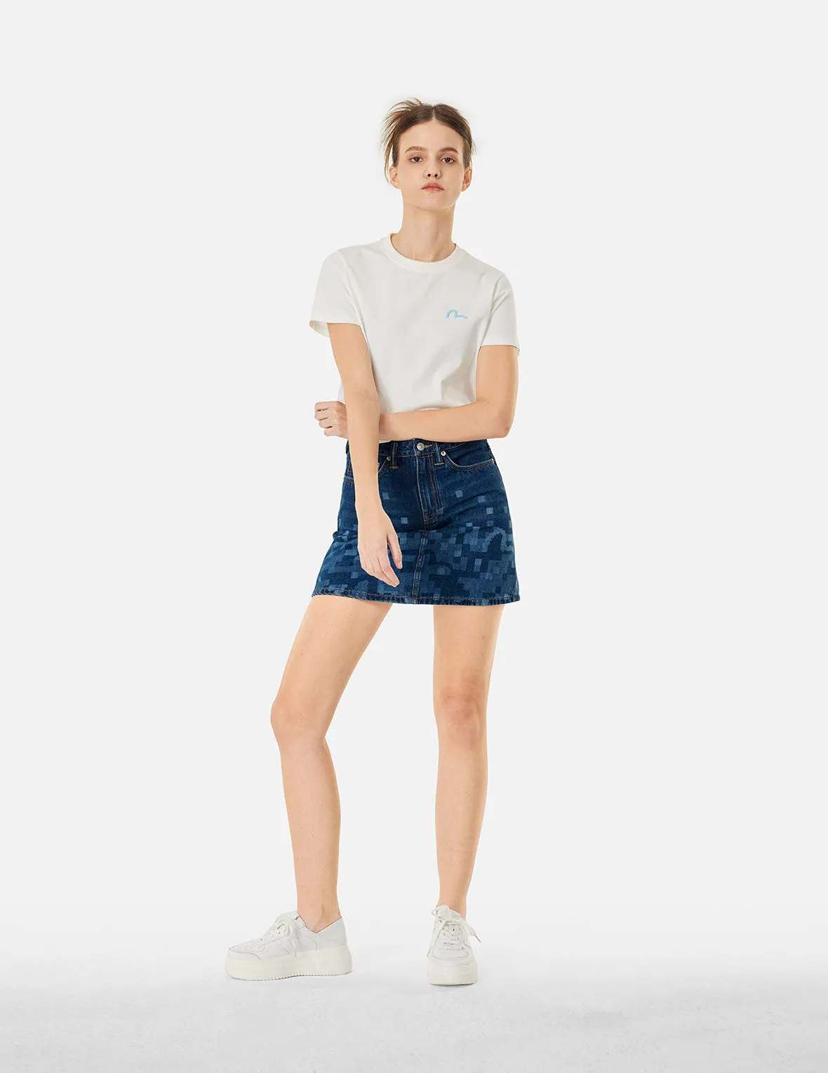 Pixel Seagull Embroidery and Print Regular Fit Denim Skirt