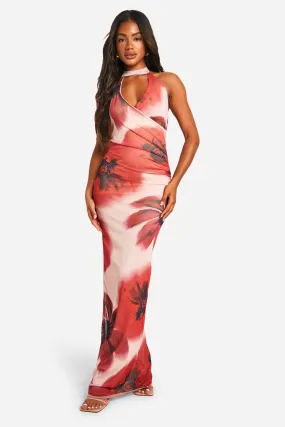 Plunge Floral Mesh Maxi Dress