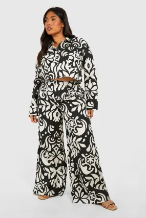 Plus Abstract Print Long Sleeve Shirt & Pants Two-Piece