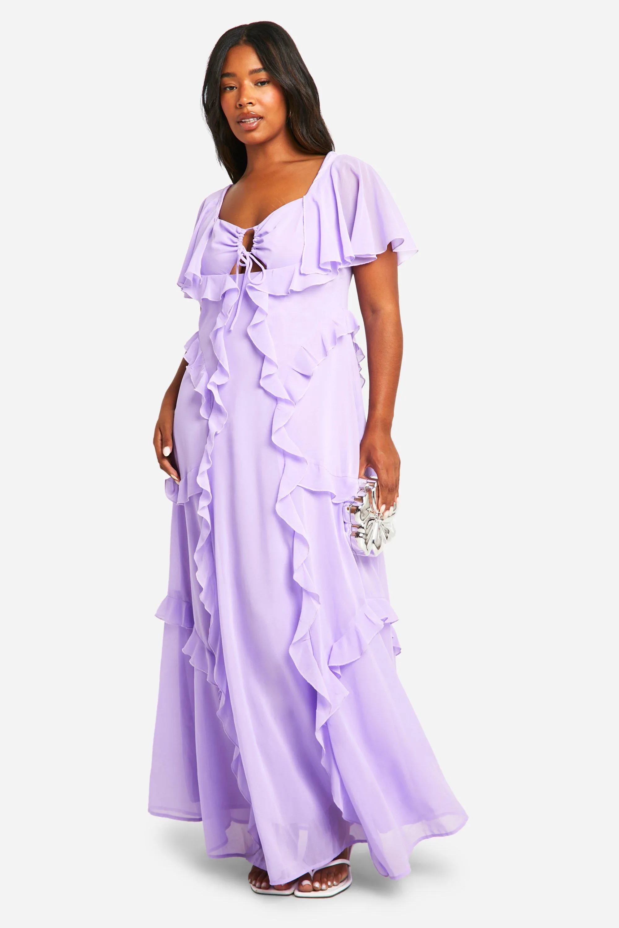 Plus Angel Sleeve Keyhole Ruffle Maxi Dress