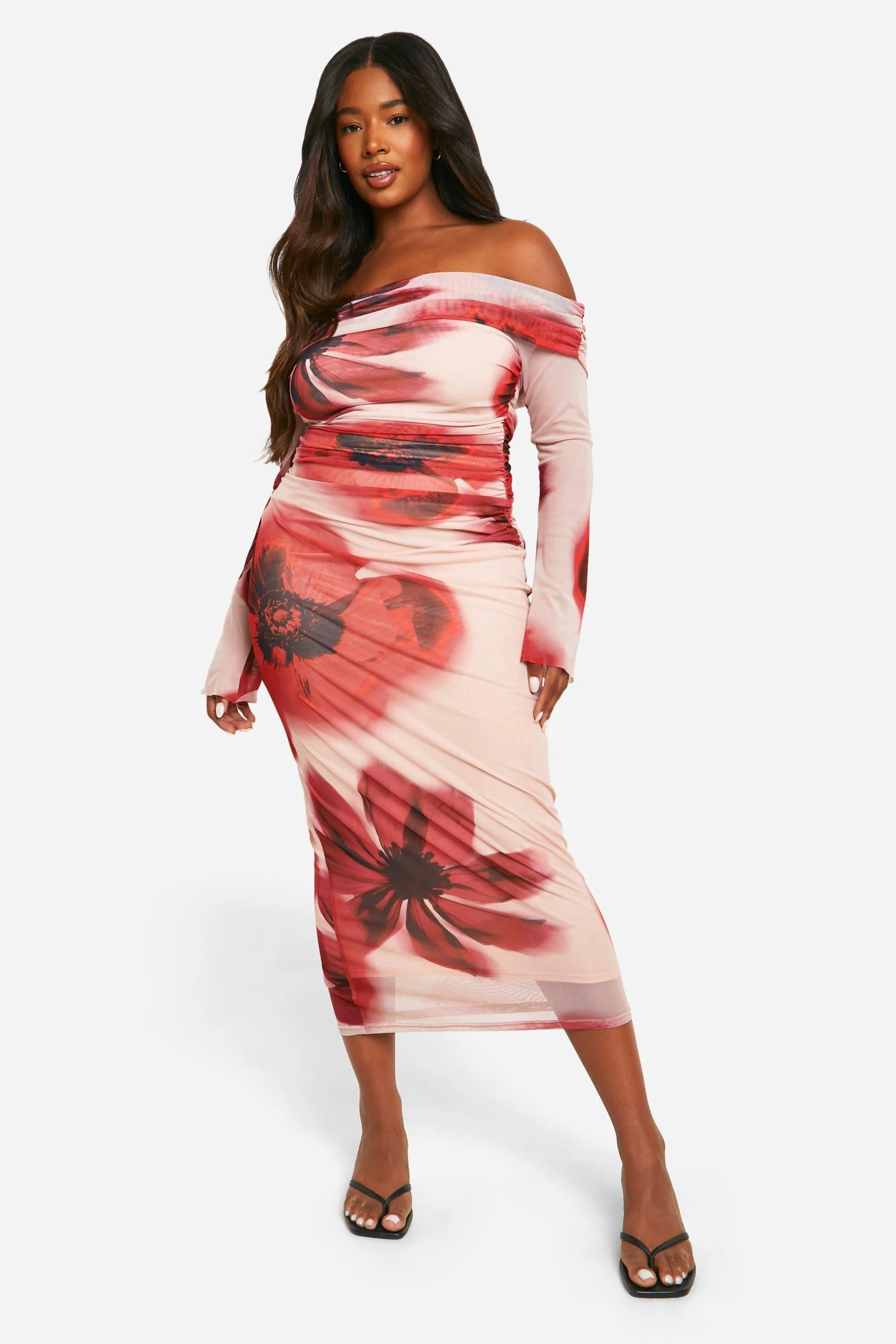 Plus Bardot Floral Mesh Ruched Midaxi Dress