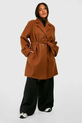 Plus Belted Double Breasted Wool Look Coat