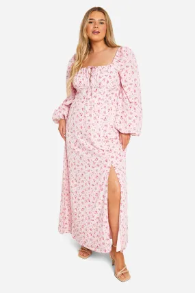 Plus Ditsy Balloon Sleeve Milkmaid Maxi Dress