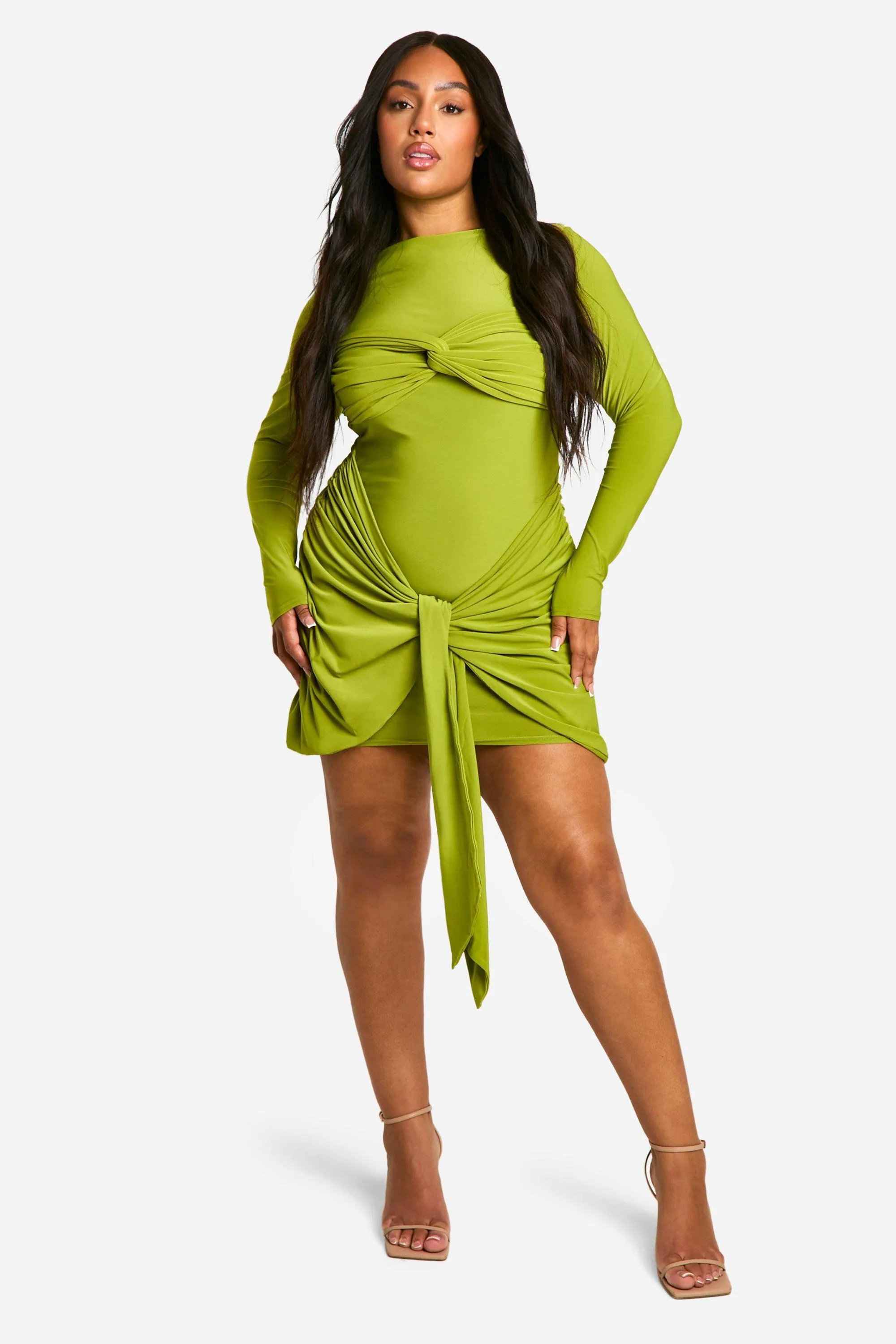 Plus Double Slinky Ruched Tie Bodycon Dress