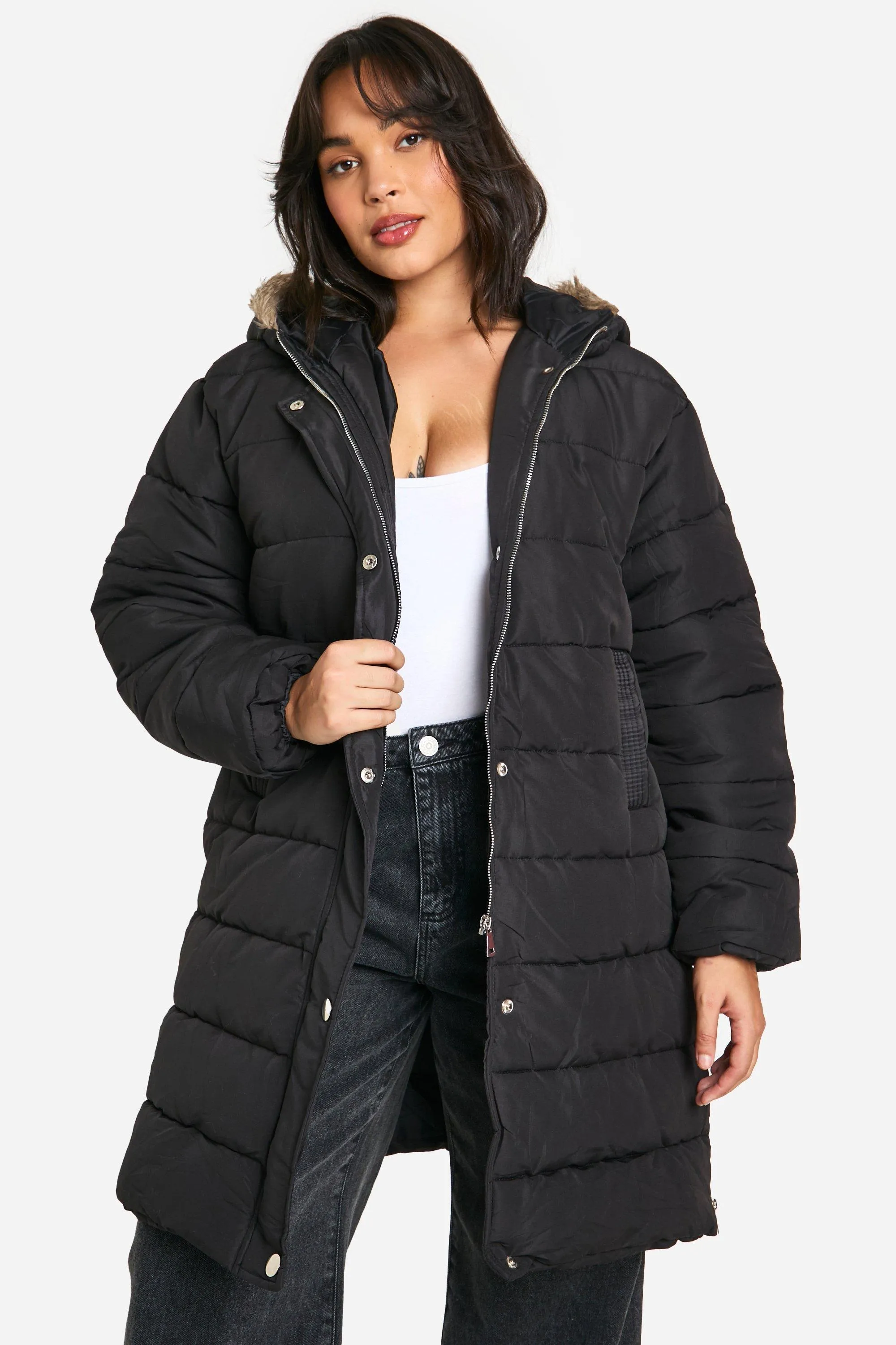 Plus Faux Fur Trim Longline Puffer Jacket