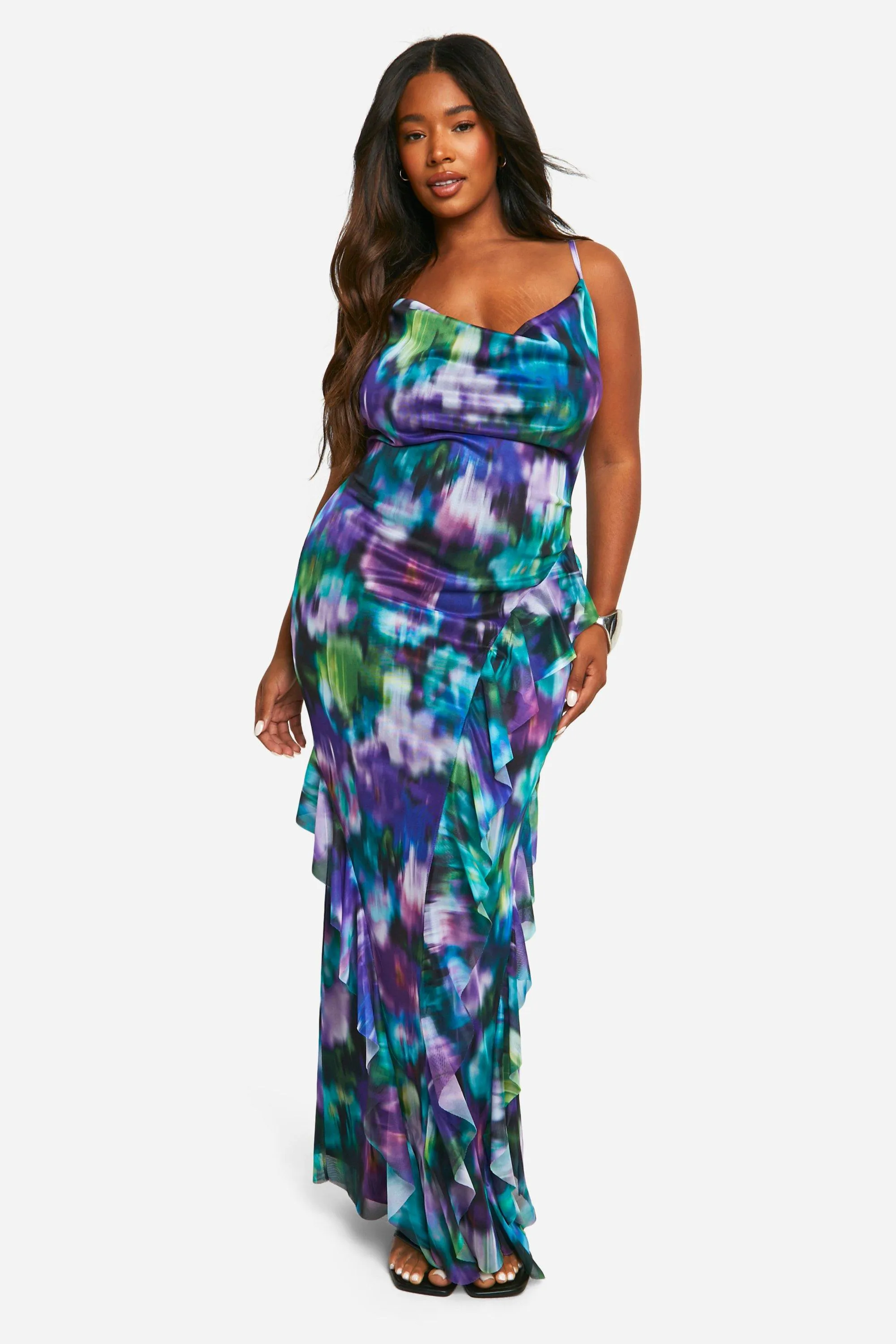 Plus Floral Mesh Ruffle Maxi Dress