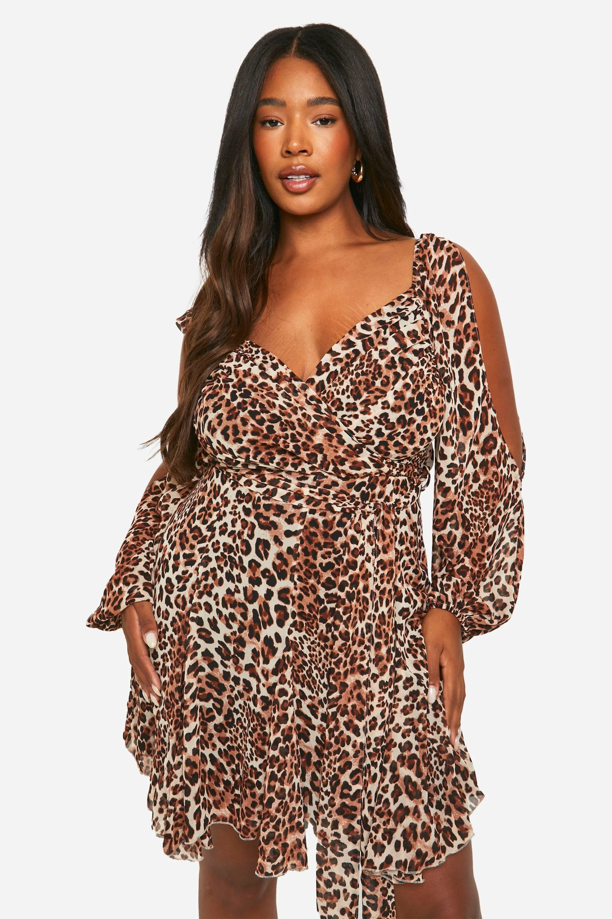 Plus Leopard Godet Hem Lace Up Skater Dress