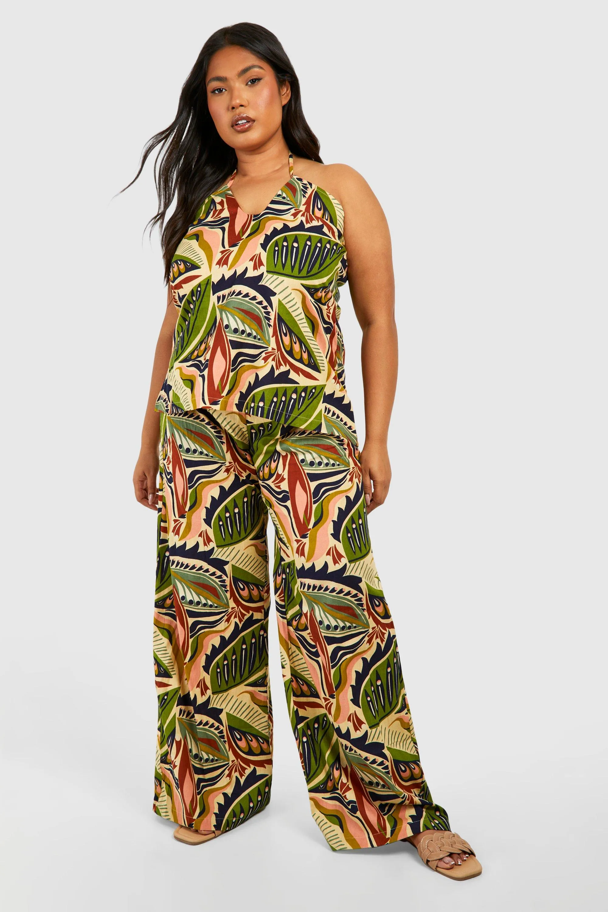 Plus Linen Feel Scarf Print Pants & Tube Top Two-Piece