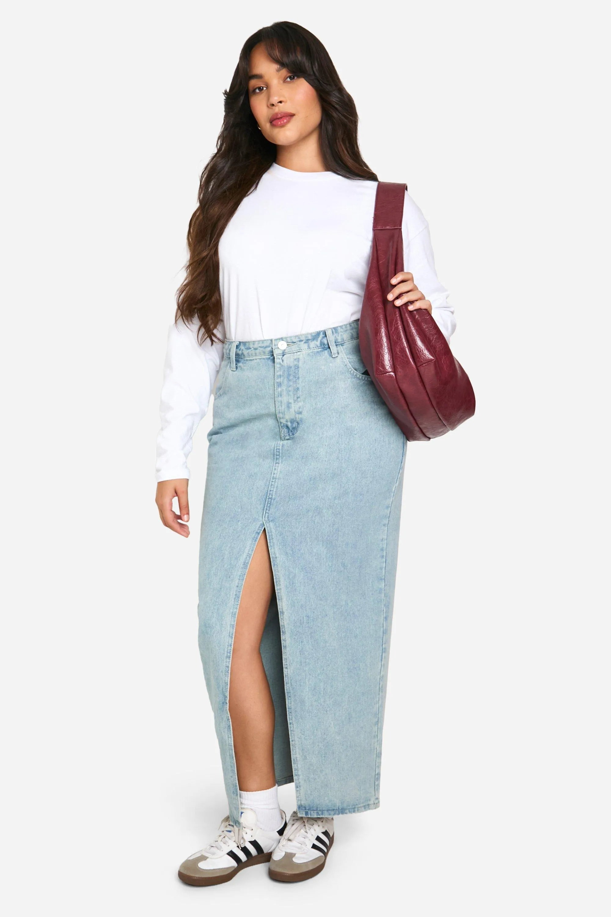 Plus Pocket Detail Split Front Denim Maxi Skirt