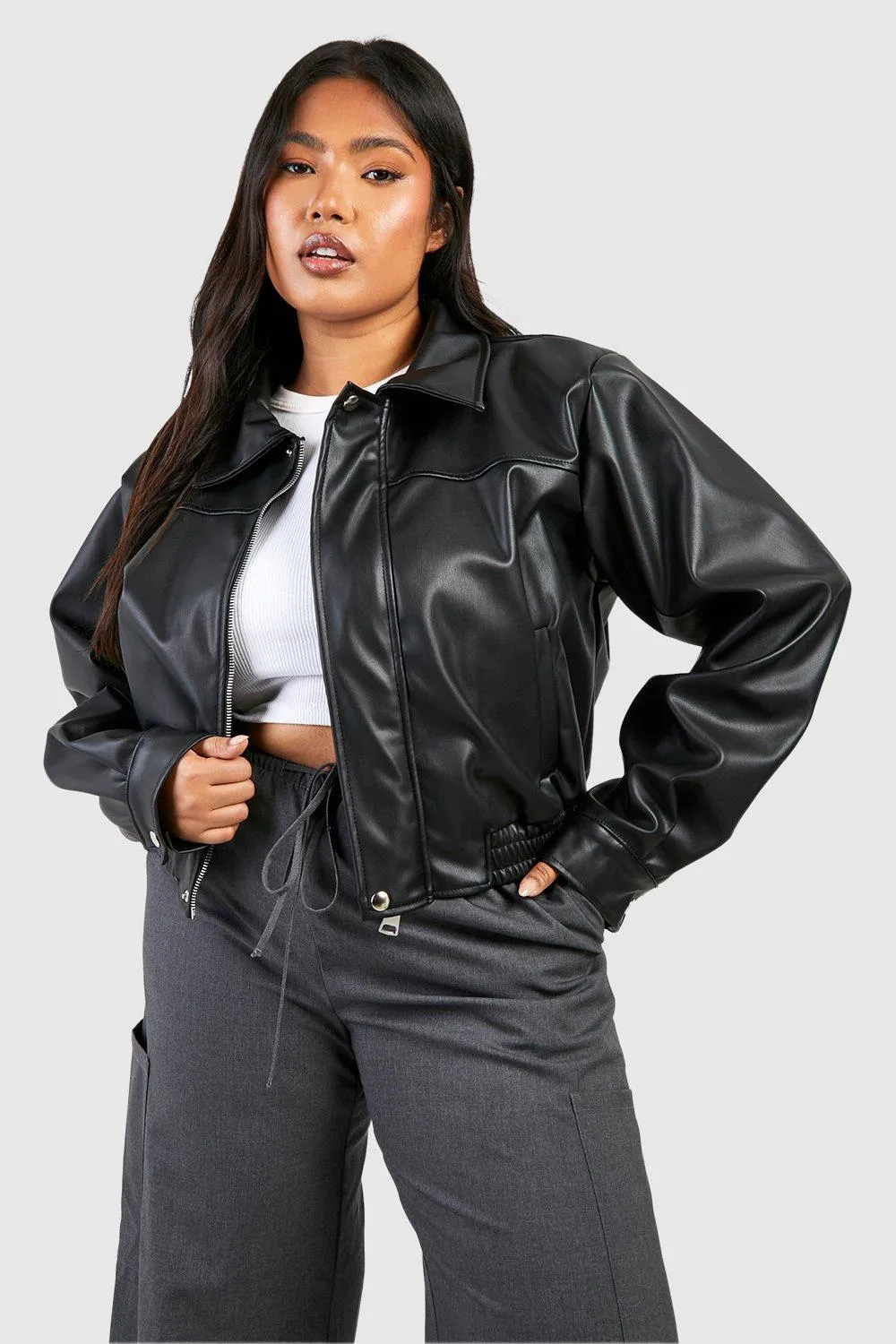 Plus Pu Collared Zip Up Moto Jacket