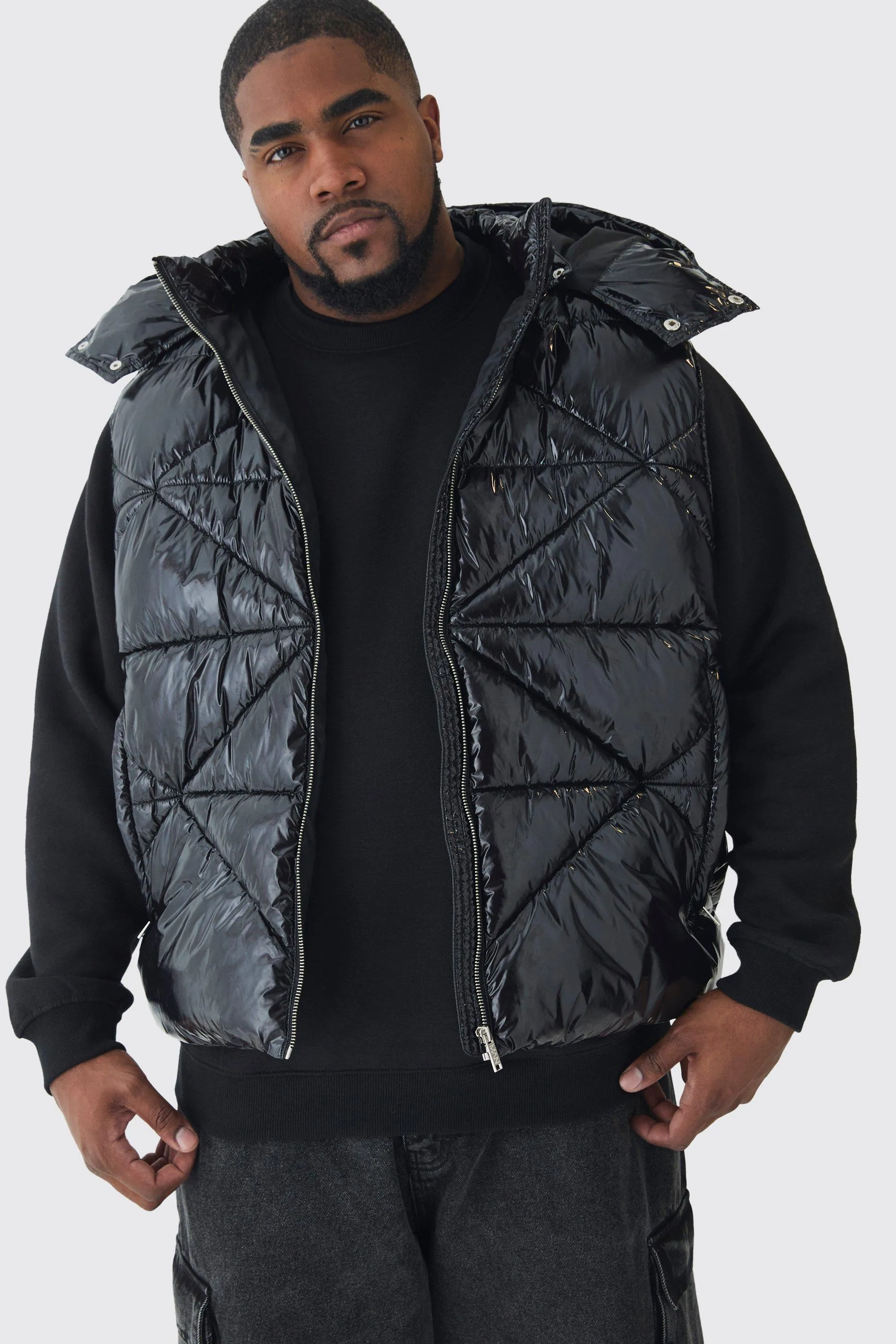 Plus Quilted High Shine Vinyl Hooded Vest In Black