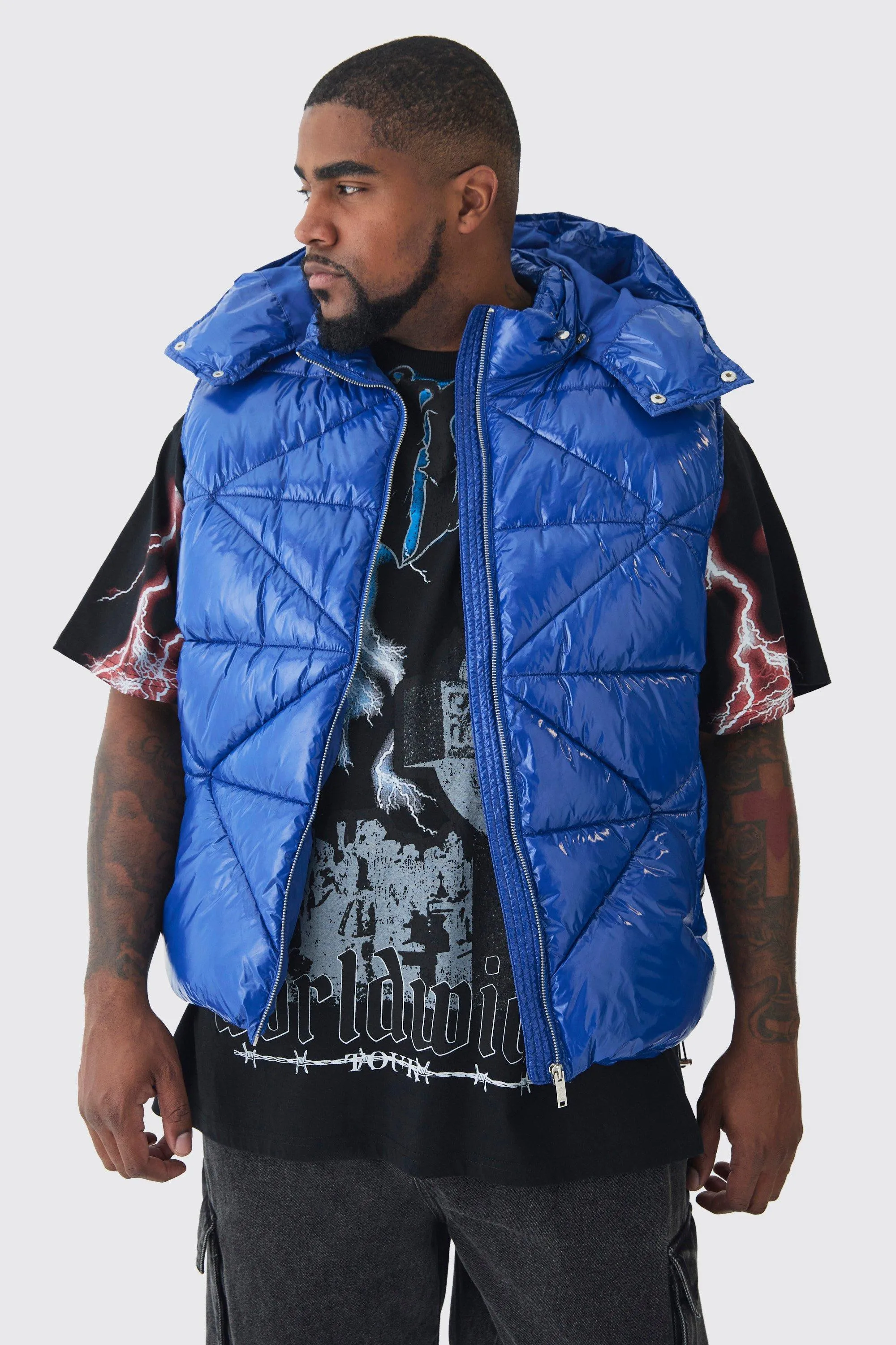 Plus Quilted High Shine Vinyl Hooded Vest In Blue