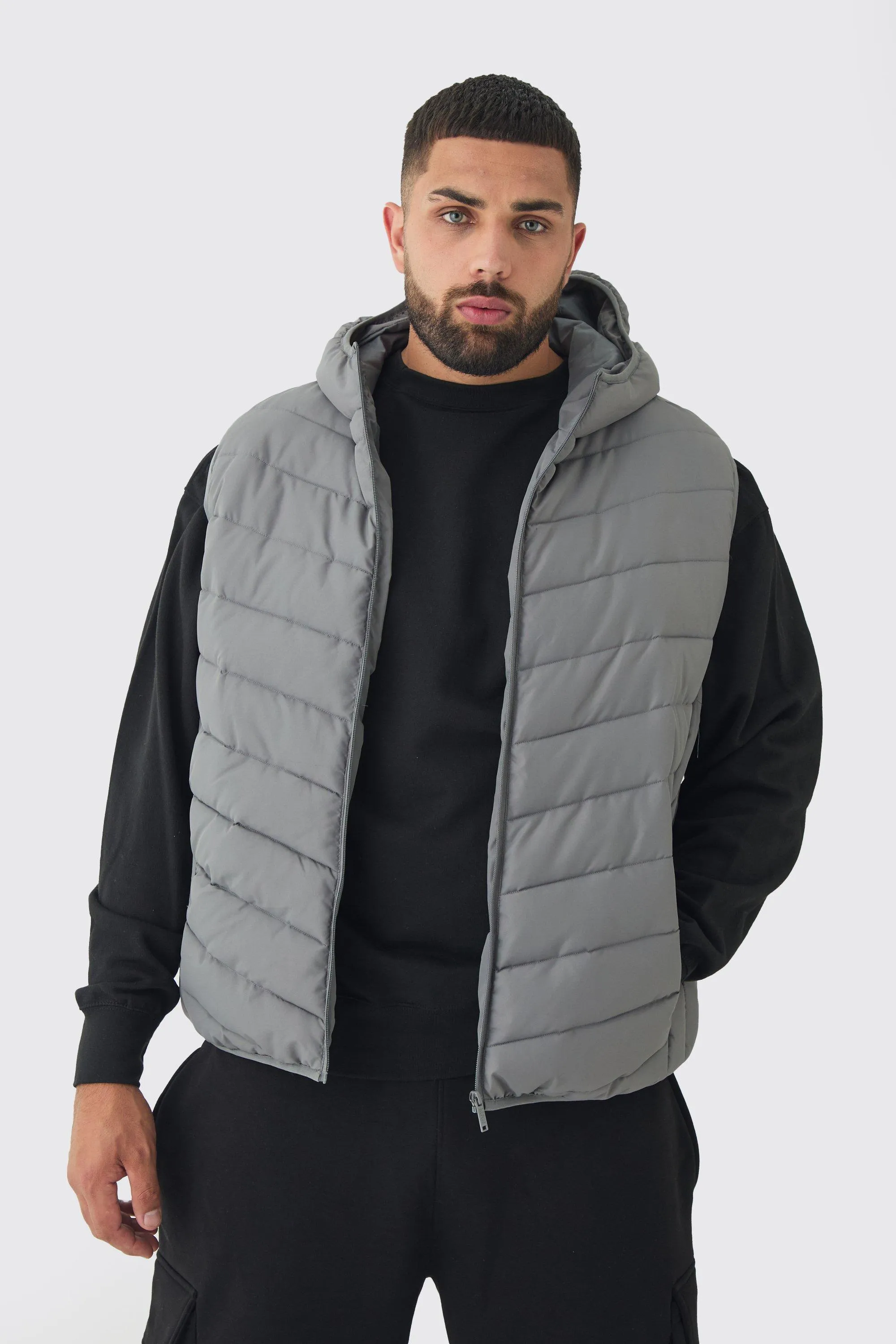 Plus Quilted Zip Through Hooded Vest In Charcoal