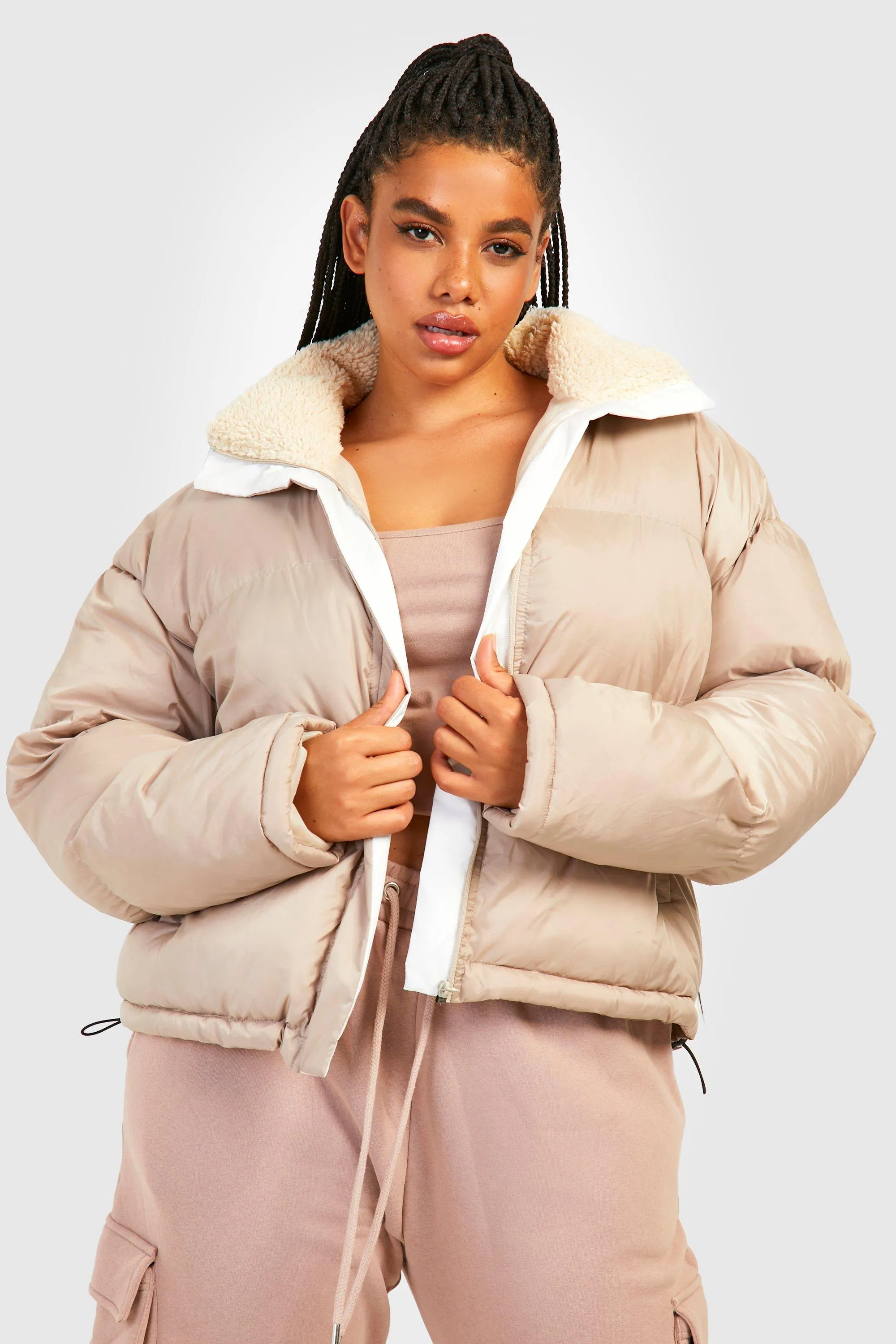 Plus Teddy Faux Fur Collar Puffer Jacket