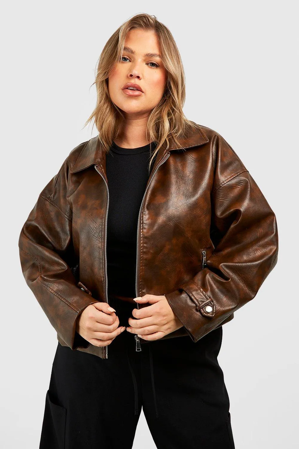 Plus Vintage Look Faux Leather Jacket