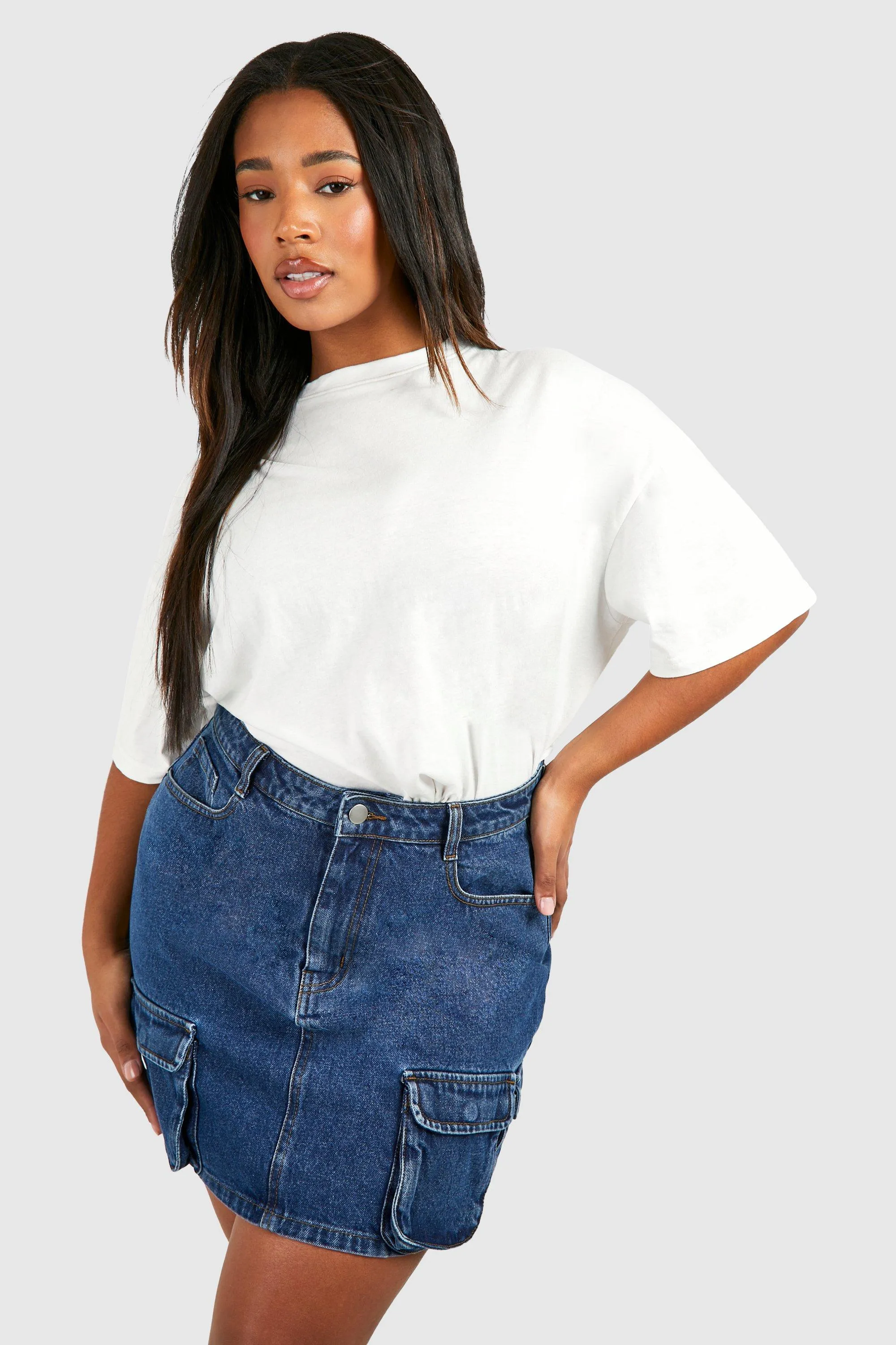 Plus Washed Cargo Pocket Denim Skirt