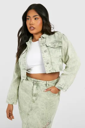 Plus Washed Khaki Acid Wash Crop Denim Jacket