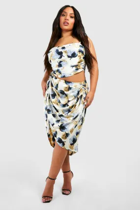 Plus Woven Printed Ruched Front And Back Midi Skirt