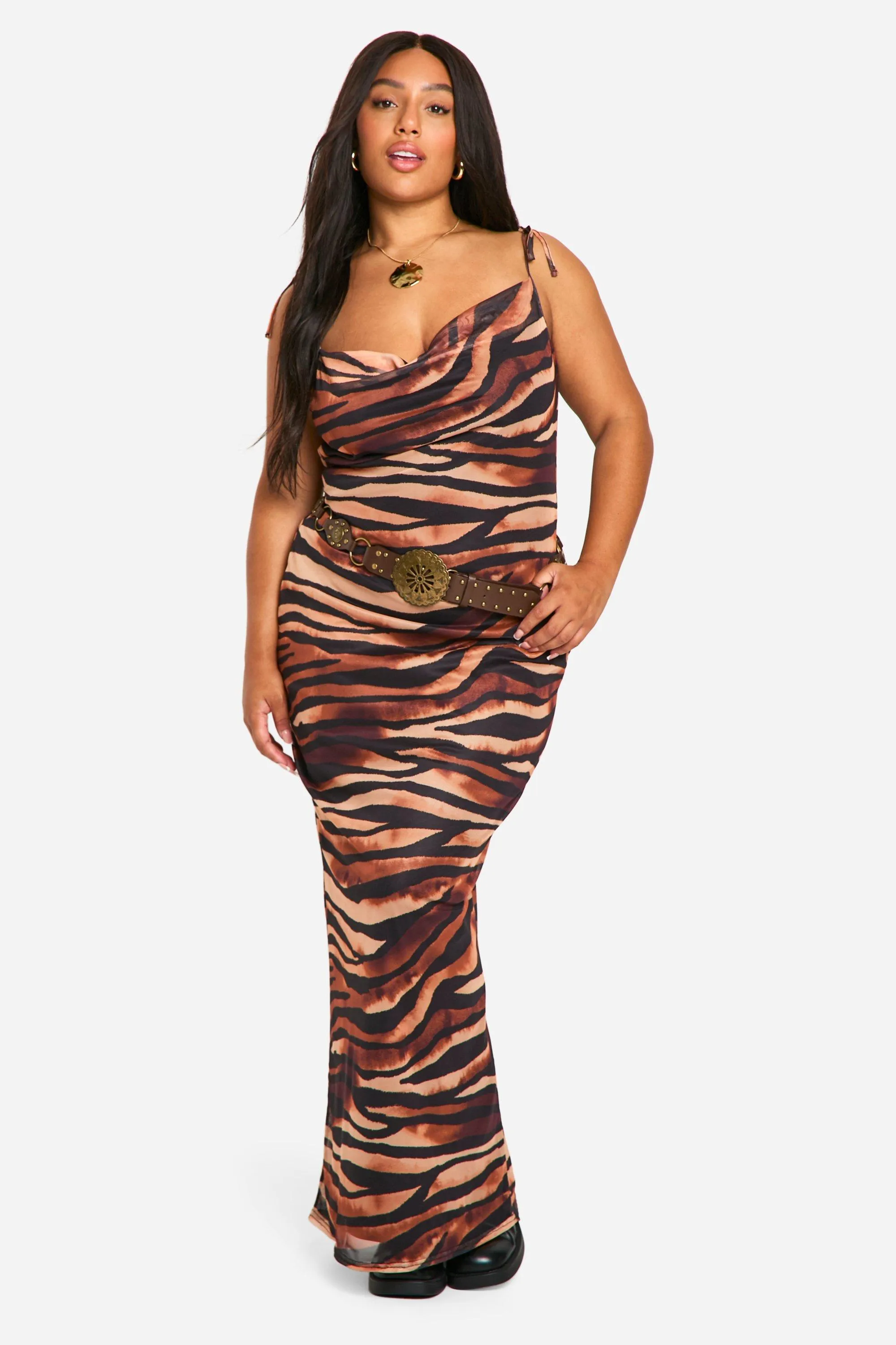 Plus Zebra Print Cowl Neck Maxi Dress