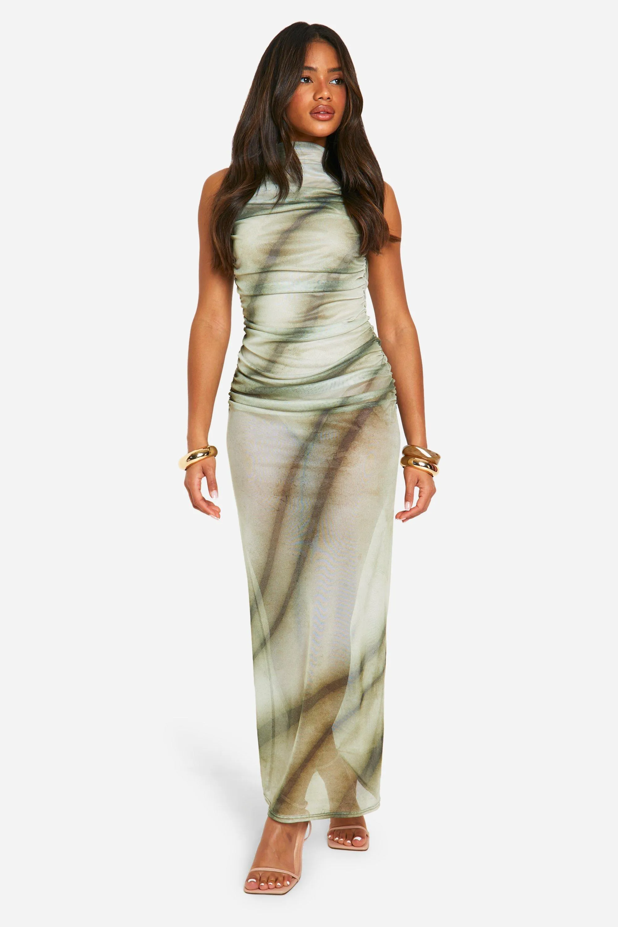 Printed Mesh Maxi Dress