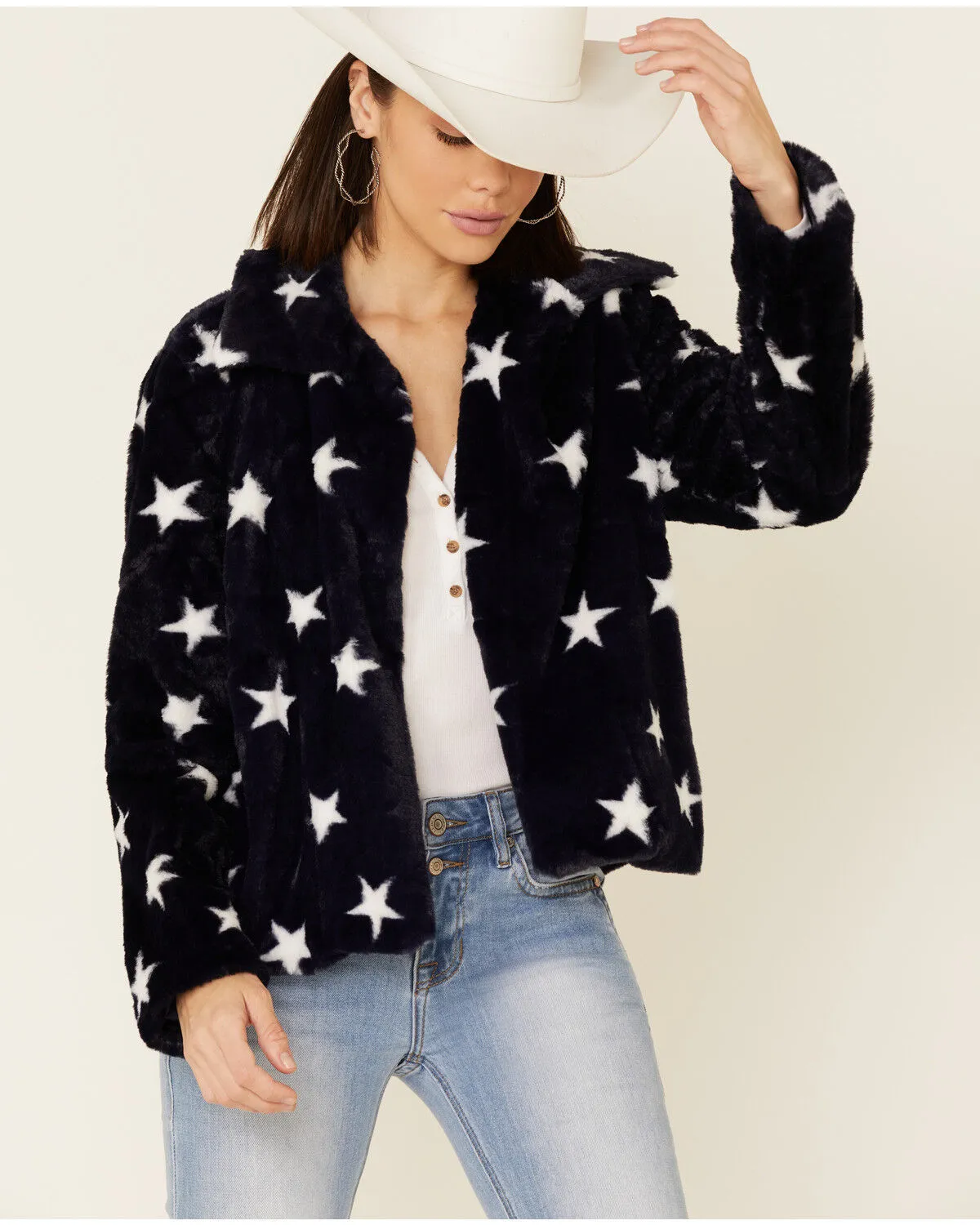 Product Name:  Hem & Thread Women's Navy Star Print Faux Fur Jacket