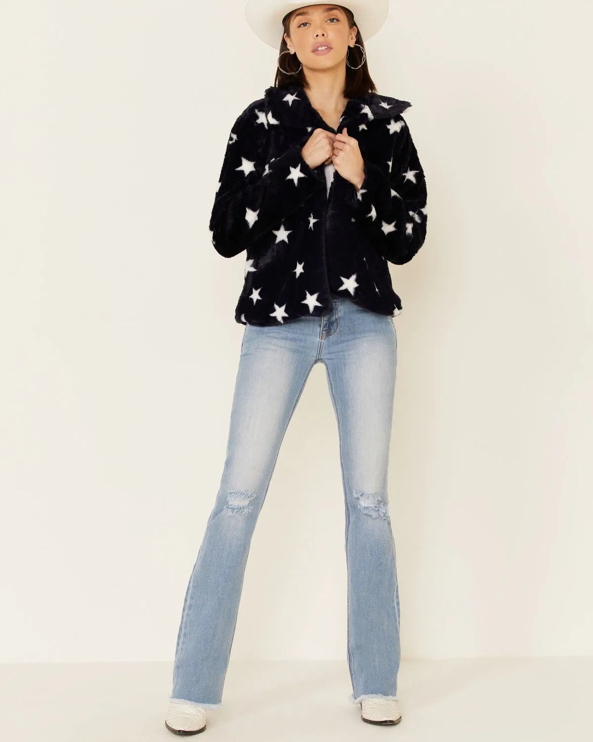 Product Name:  Hem & Thread Women's Navy Star Print Faux Fur Jacket