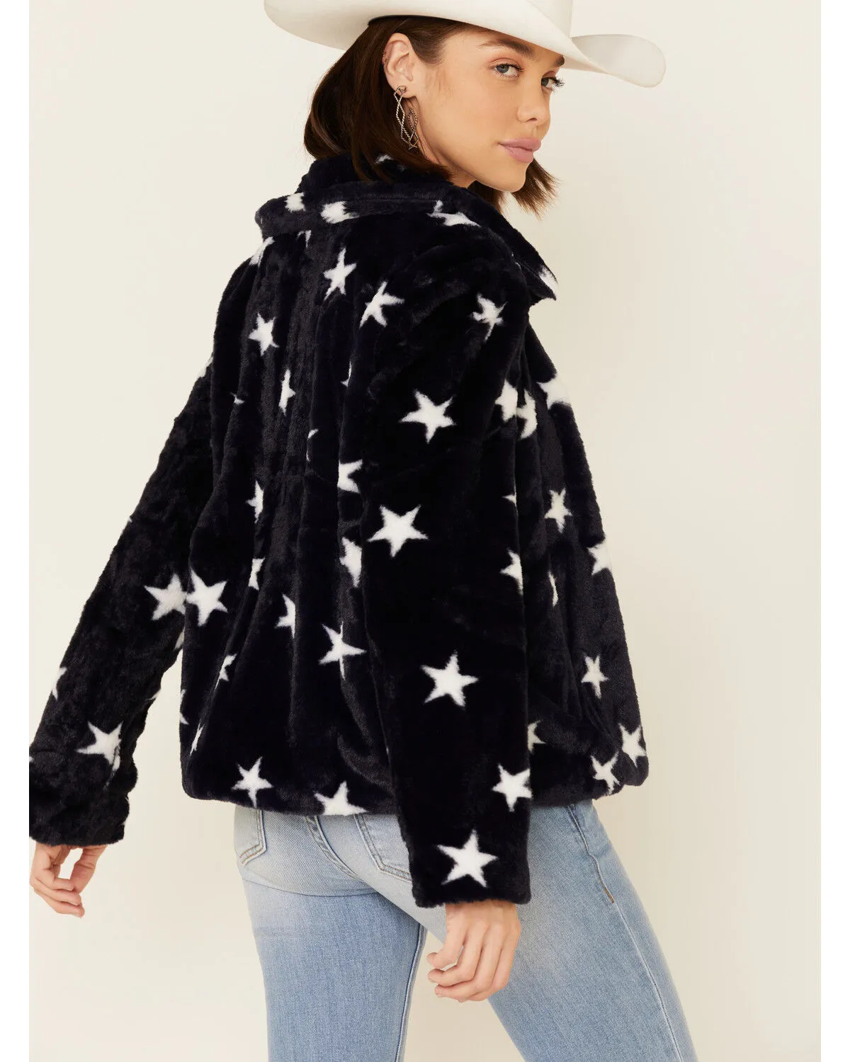 Product Name:  Hem & Thread Women's Navy Star Print Faux Fur Jacket