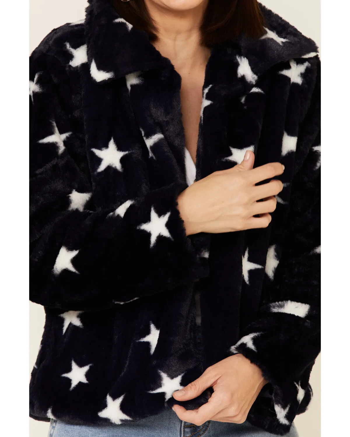 Product Name:  Hem & Thread Women's Navy Star Print Faux Fur Jacket