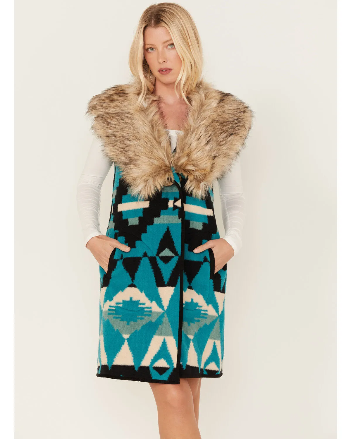 Product Name:  Tasha Polizzi Women's Southwestern Print Faux Fur Old Ranch Vest