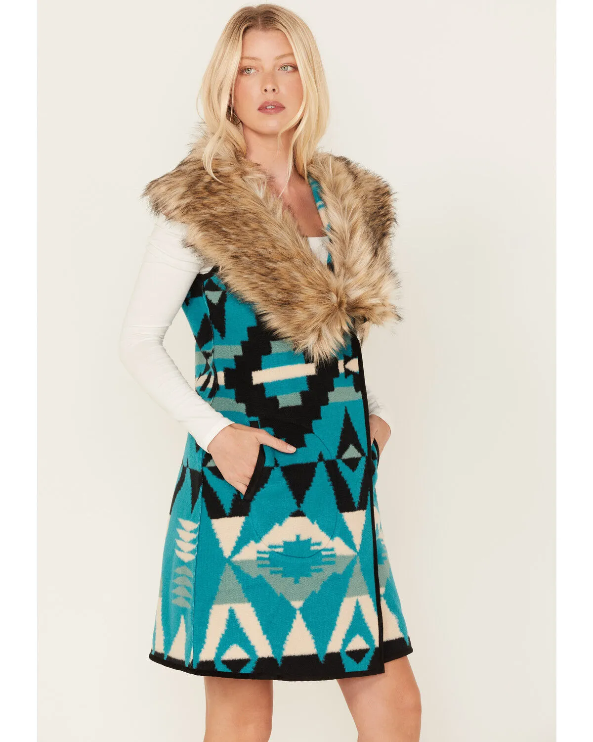 Product Name:  Tasha Polizzi Women's Southwestern Print Faux Fur Old Ranch Vest