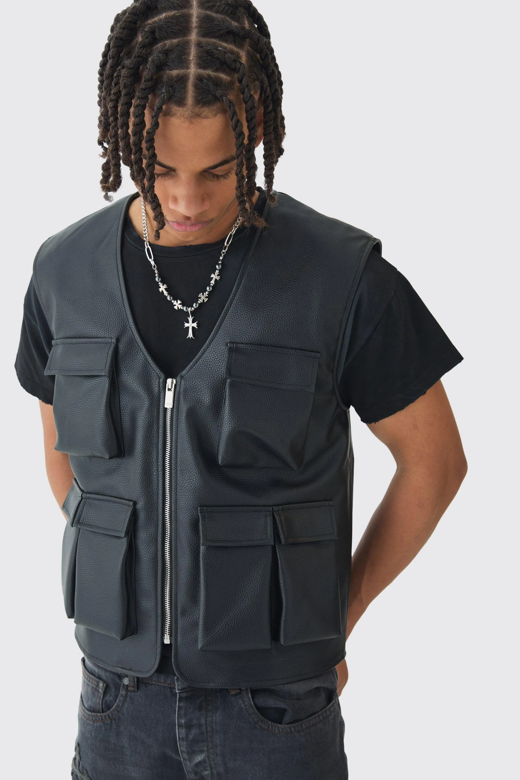 PU Utility Vest In Black