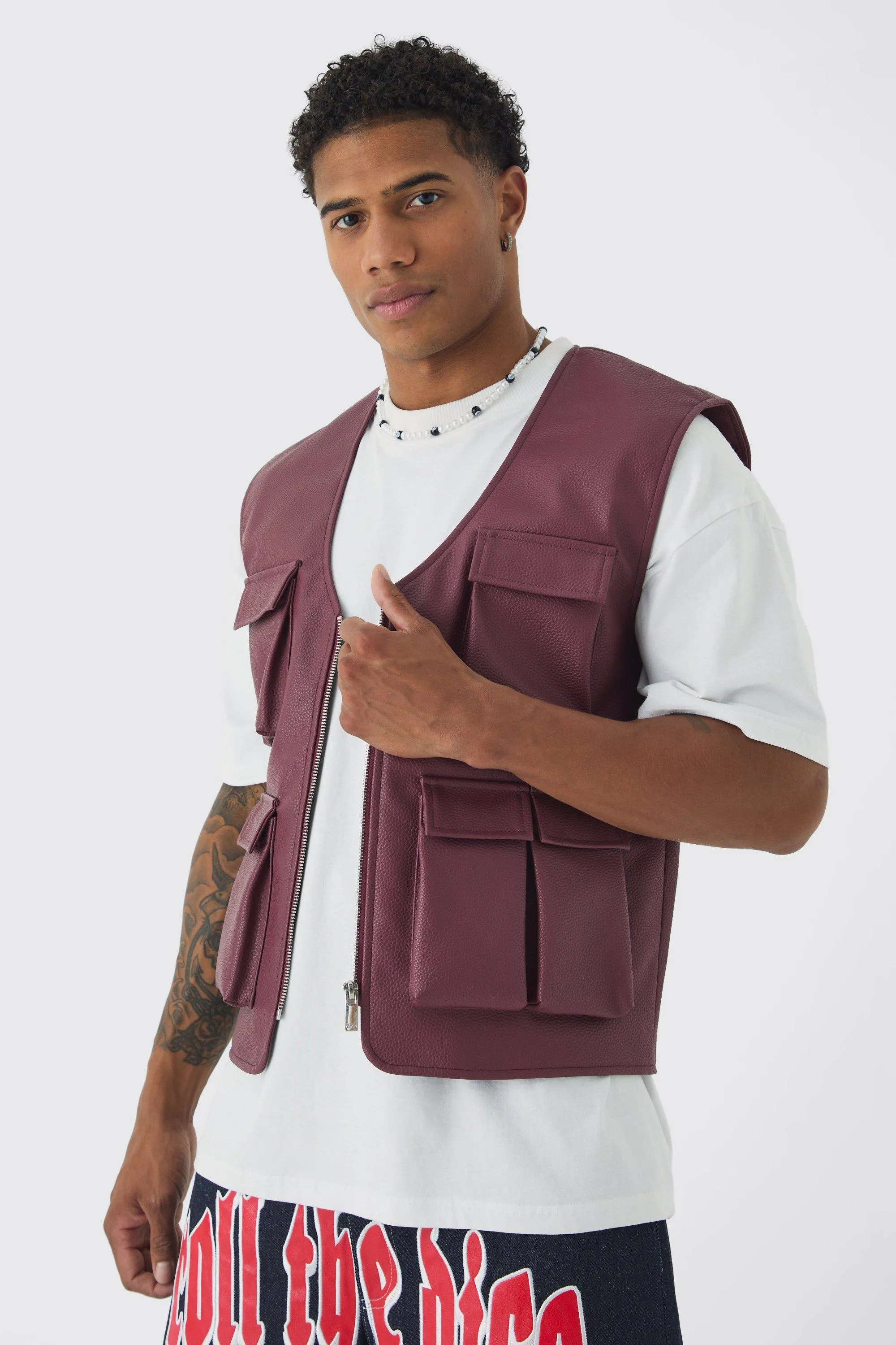 PU Utility Vest In Burgundy