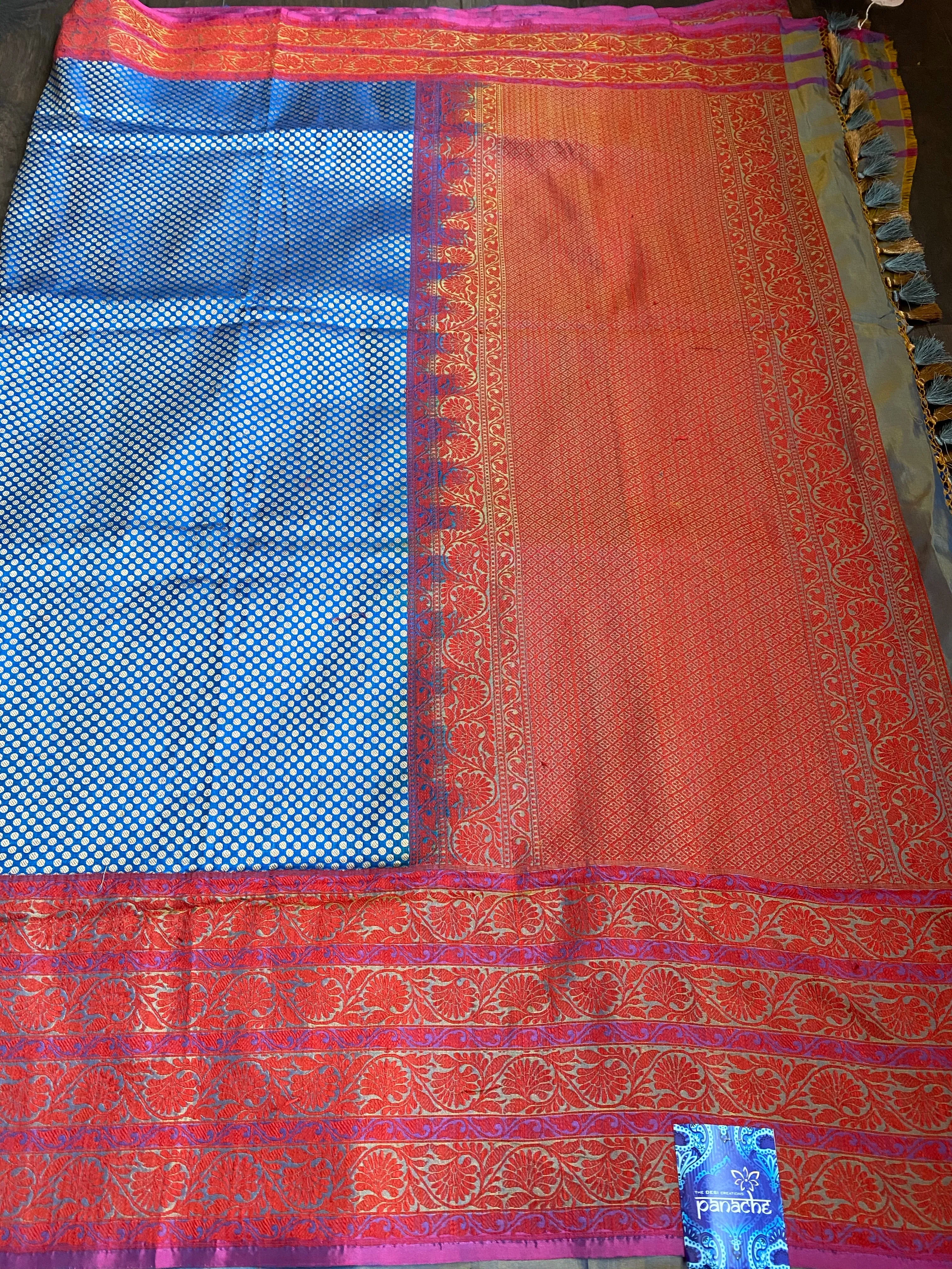 Pure Silk Brocade Banarasi - Blue Red