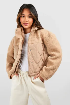 Quilted Nylon Detail Teddy Faux Fur Jacket