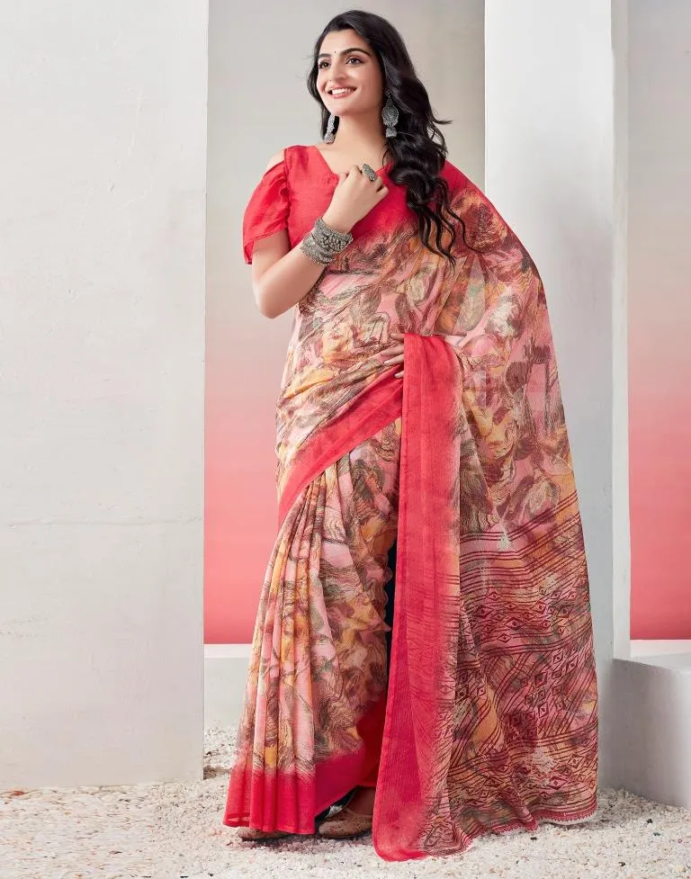 Red Chiffon Printed  Saree