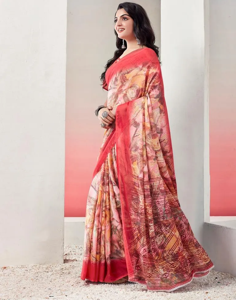 Red Chiffon Printed  Saree