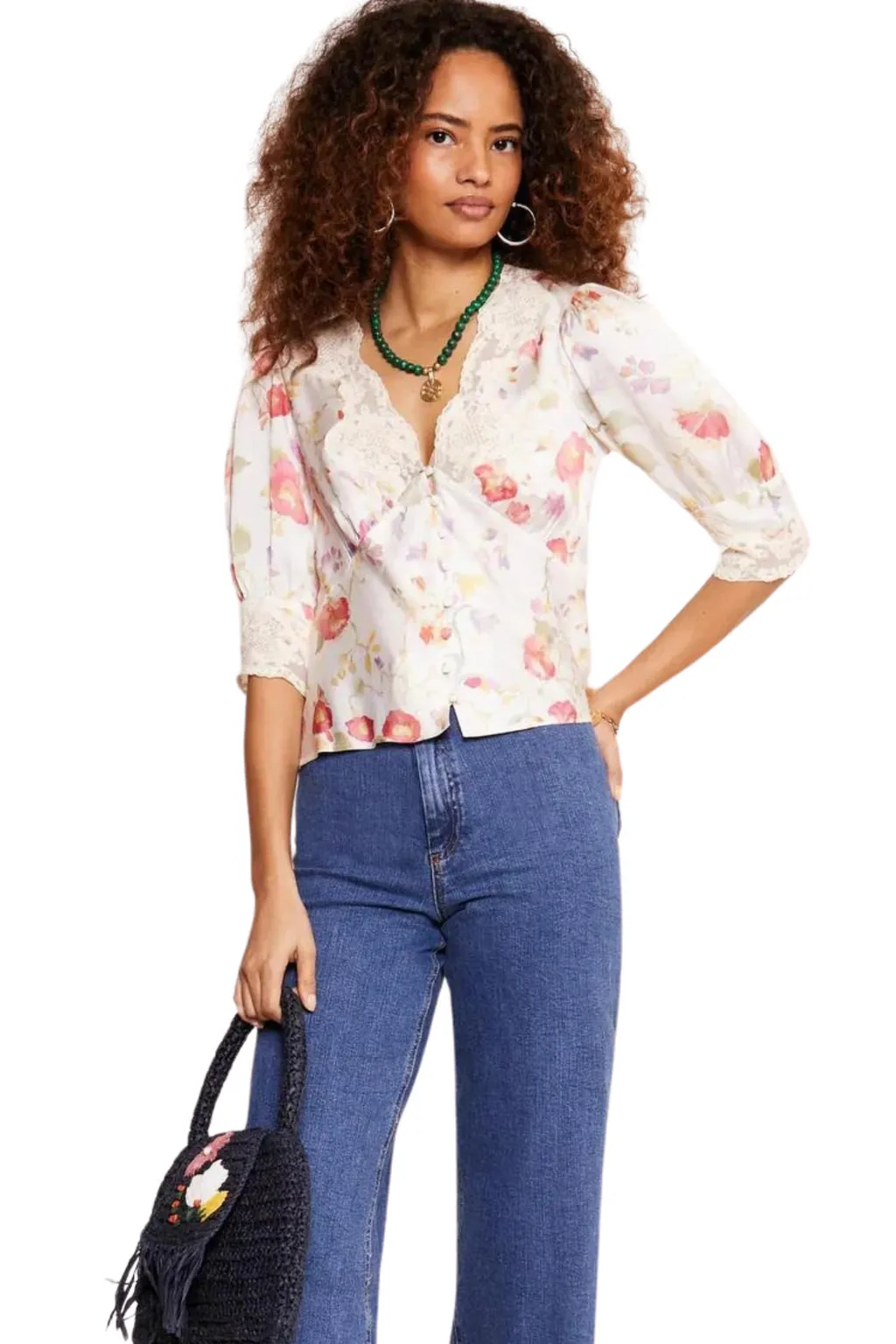 RIXO     Amanda Top in Waterblossom Ivory