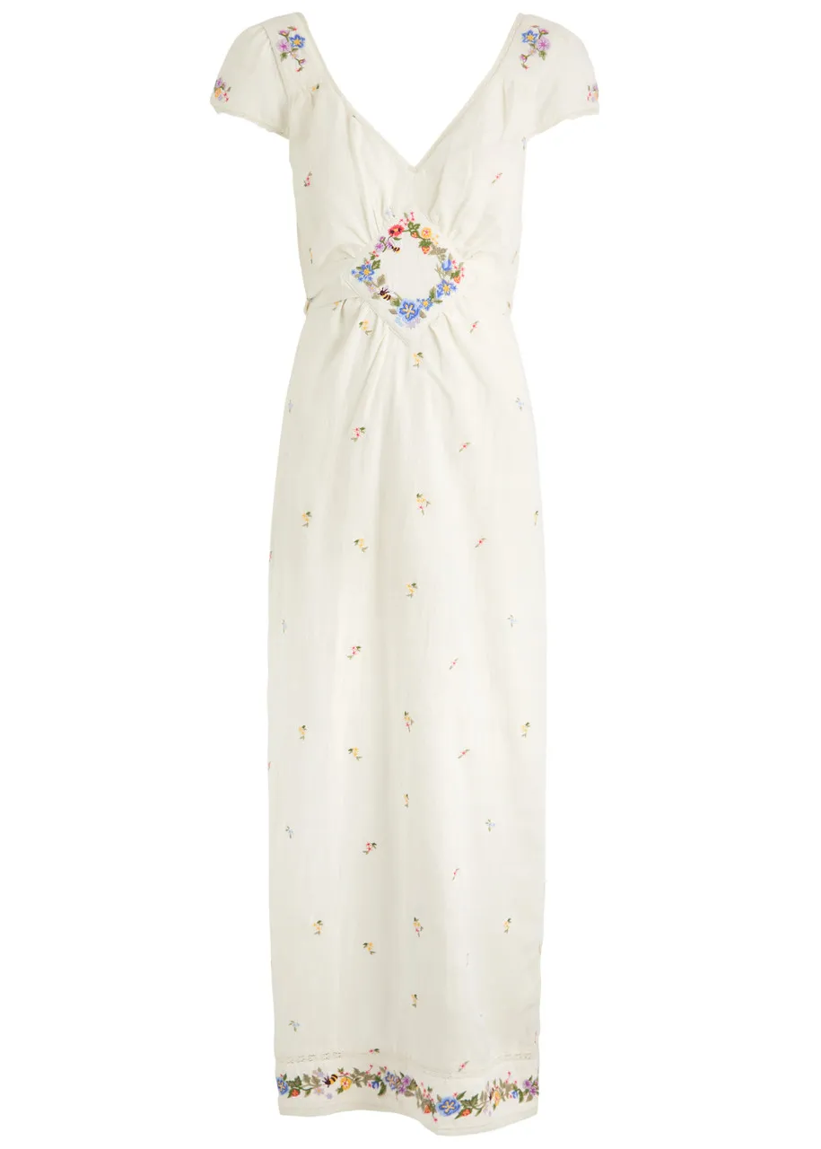 RIXO Carey floral-embroidered woven midi dress  -                         -                     -                