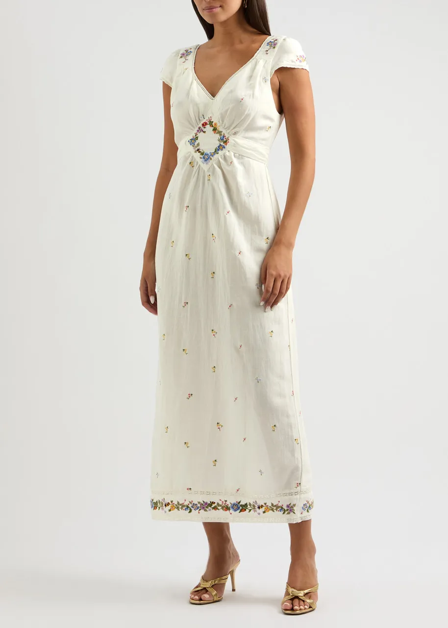 RIXO Carey floral-embroidered woven midi dress  -                         -                     -                