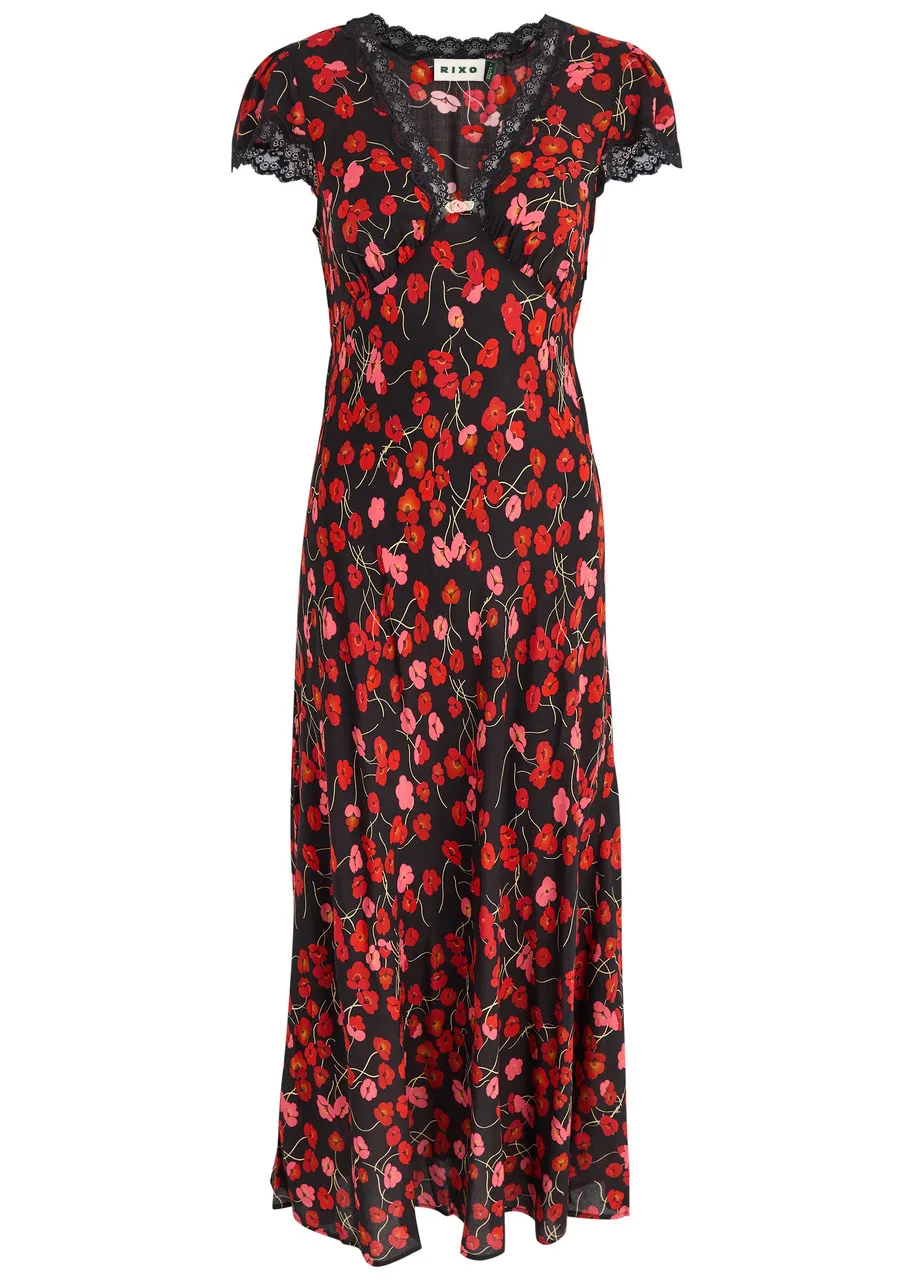 RIXO Clarice floral-print lace-trimmed midi dress  -                         -                     -                