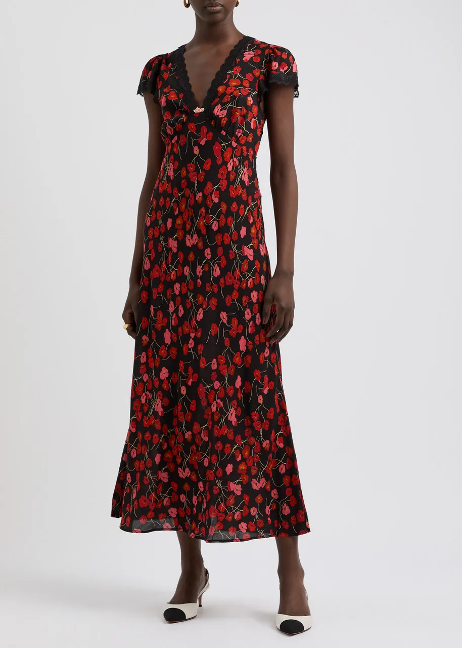 RIXO Clarice floral-print lace-trimmed midi dress  -                         -                     -                