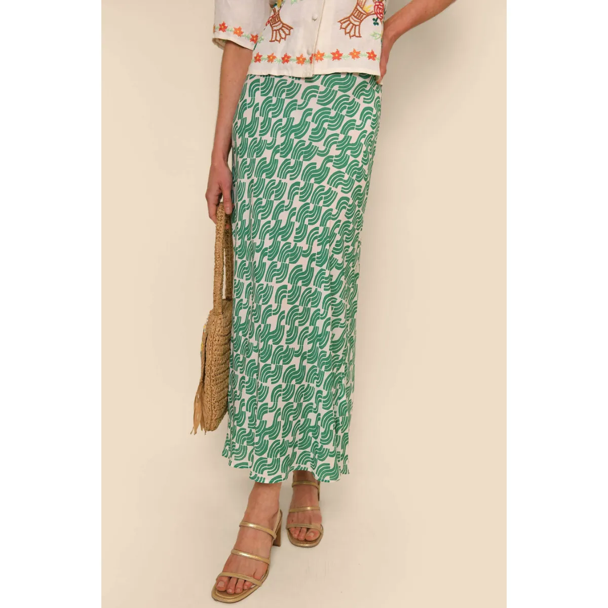 RIXO   Kelly Skirt Green Abstract Wave