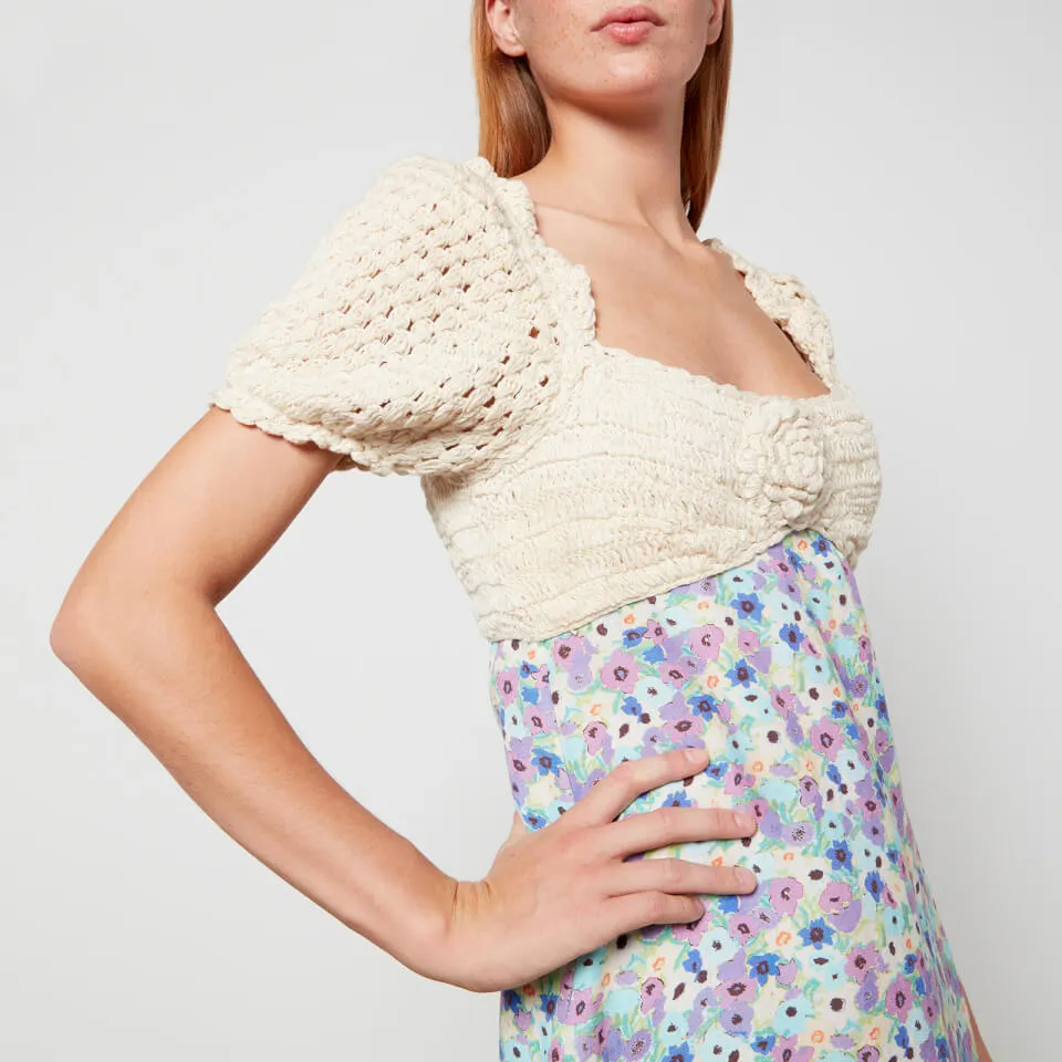 RIXO Pearl Crochet and Floral-Print Linen-Blend Mini Dress - UK 12 | Coggles