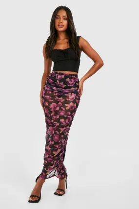 Ruched Mesh Floral Printed Maxi Skirt