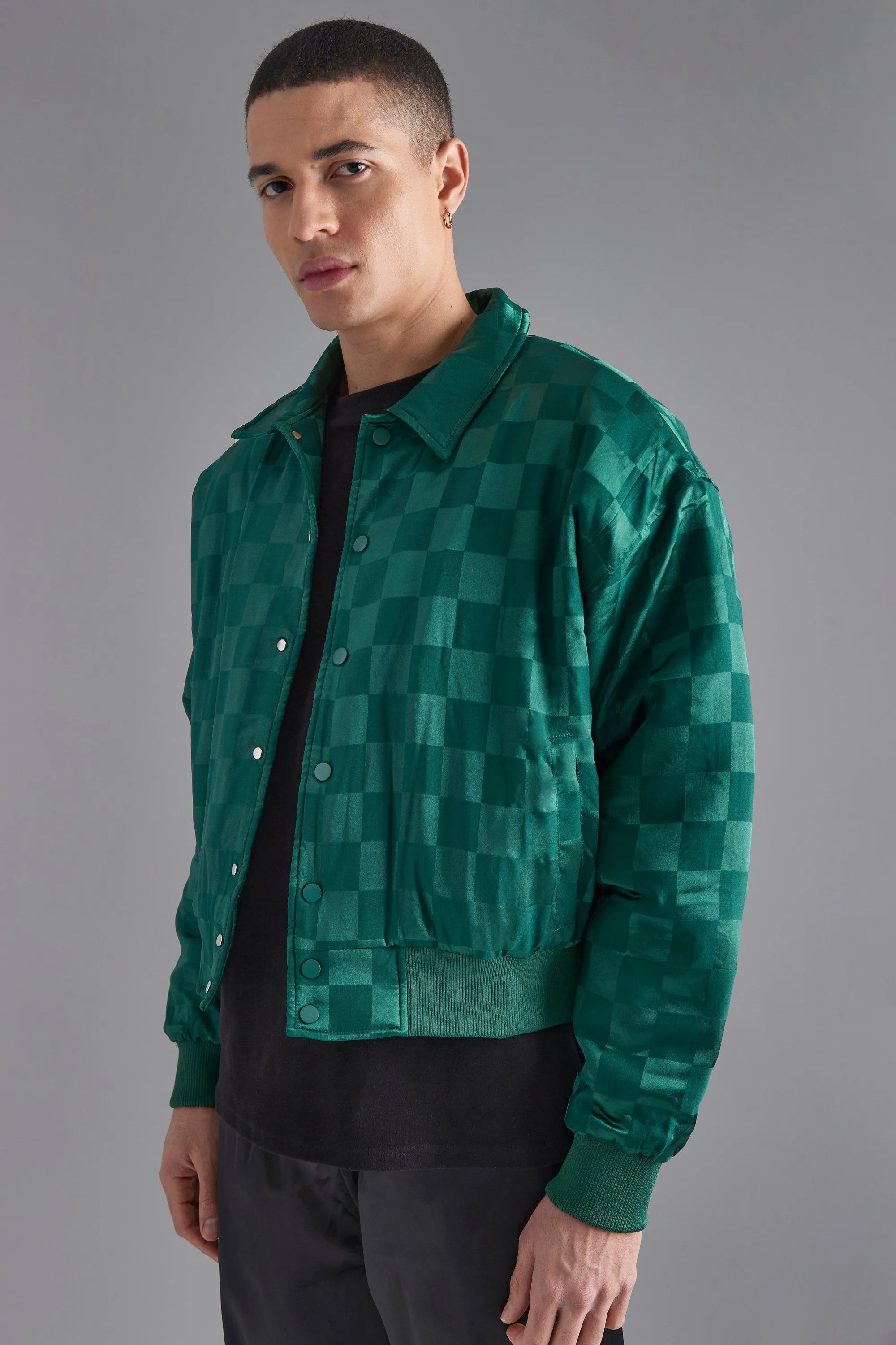 Sateen Checkboard Boxy Bomber Jacket