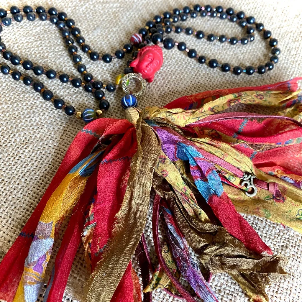 Shungite Bead Mala with Red Cinnabar Buddha Bead and Tassel