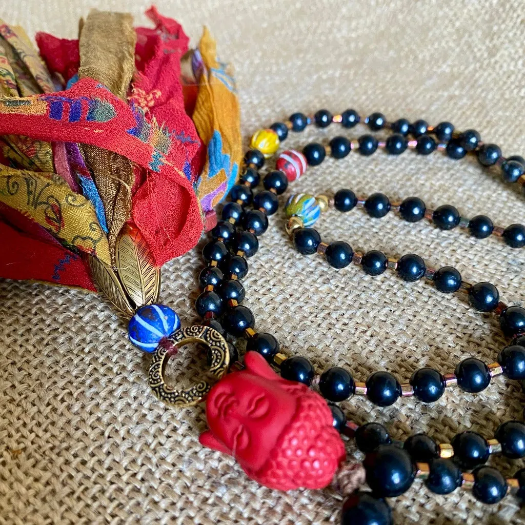 Shungite Bead Mala with Red Cinnabar Buddha Bead and Tassel