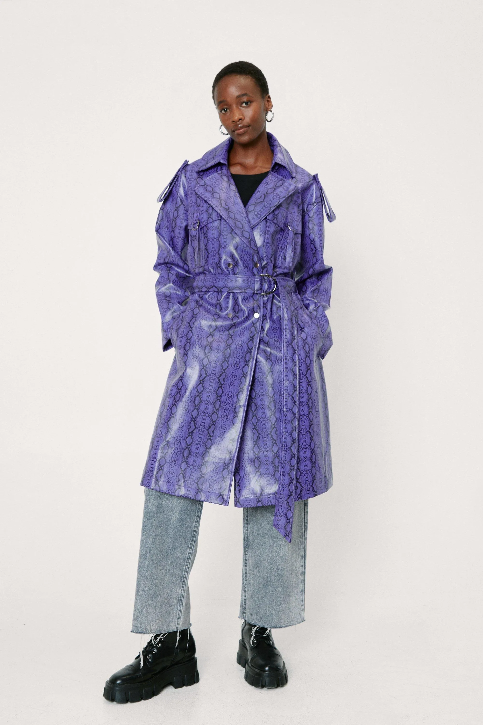 Snakeskin Faux Leather Oversized Belted Trench Coat