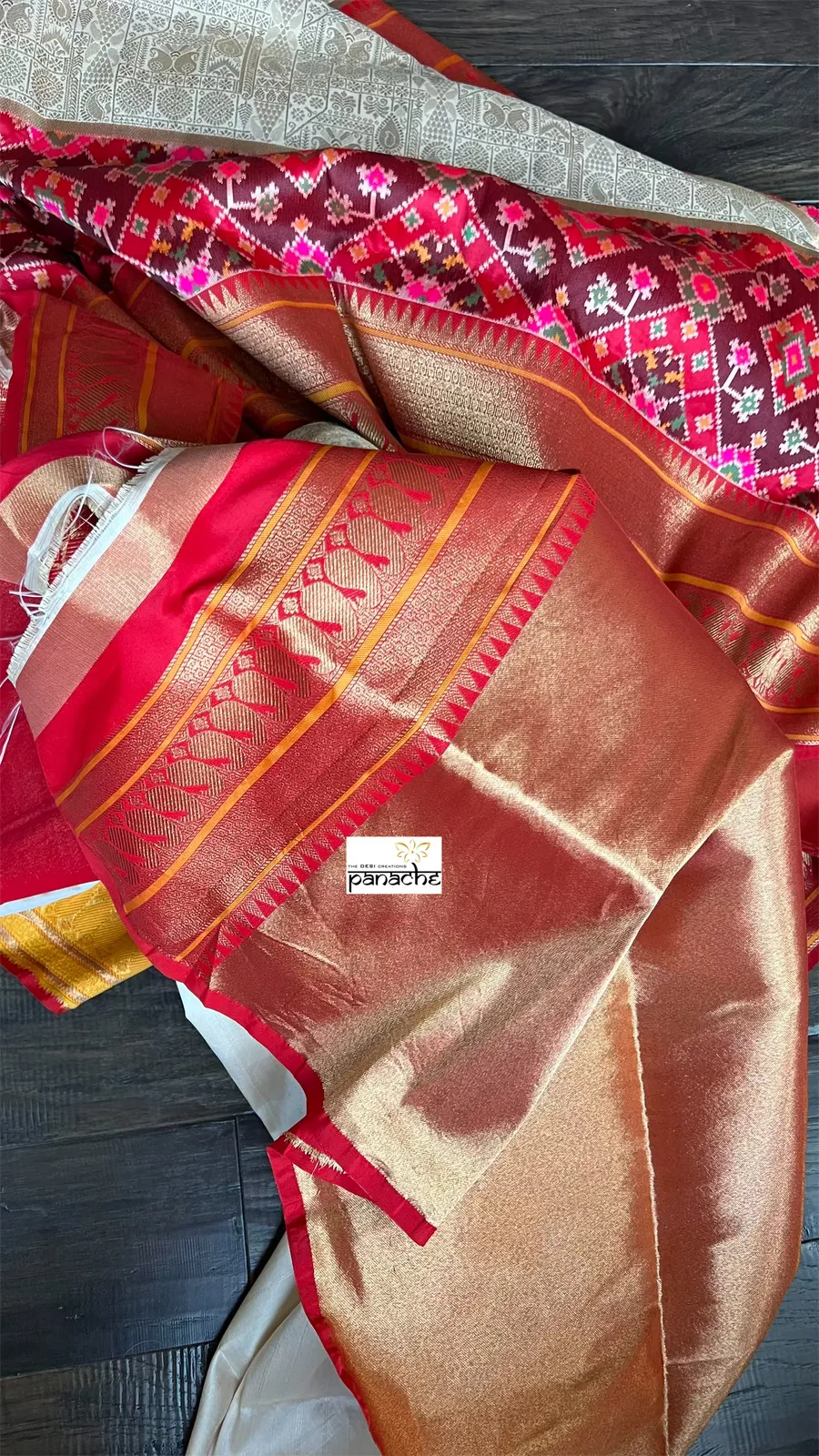 Soft Silk Patola Brocade Banarasi - Golden Beige Red Antique Golden Zari