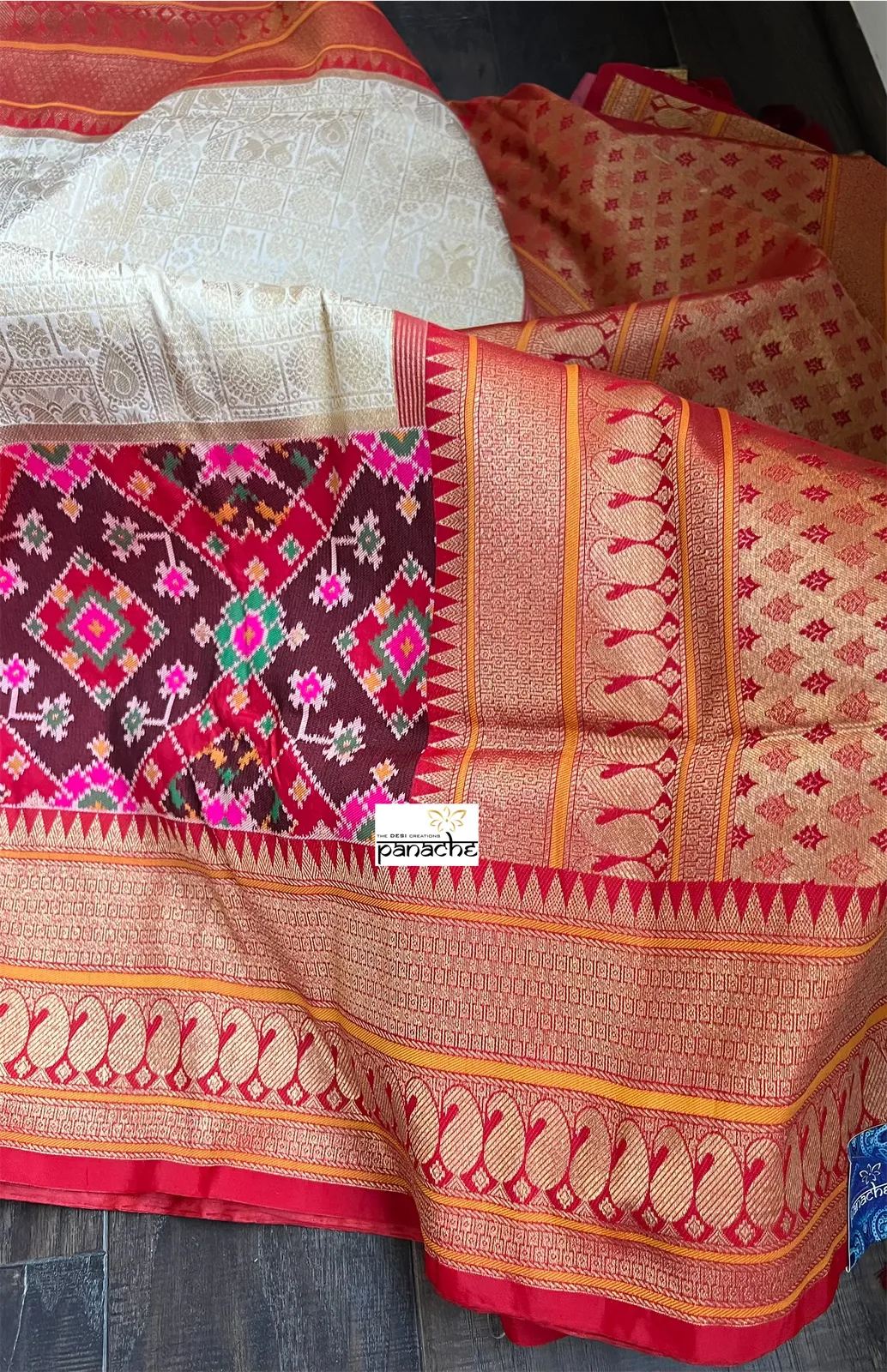 Soft Silk Patola Brocade Banarasi - Golden Beige Red Antique Golden Zari